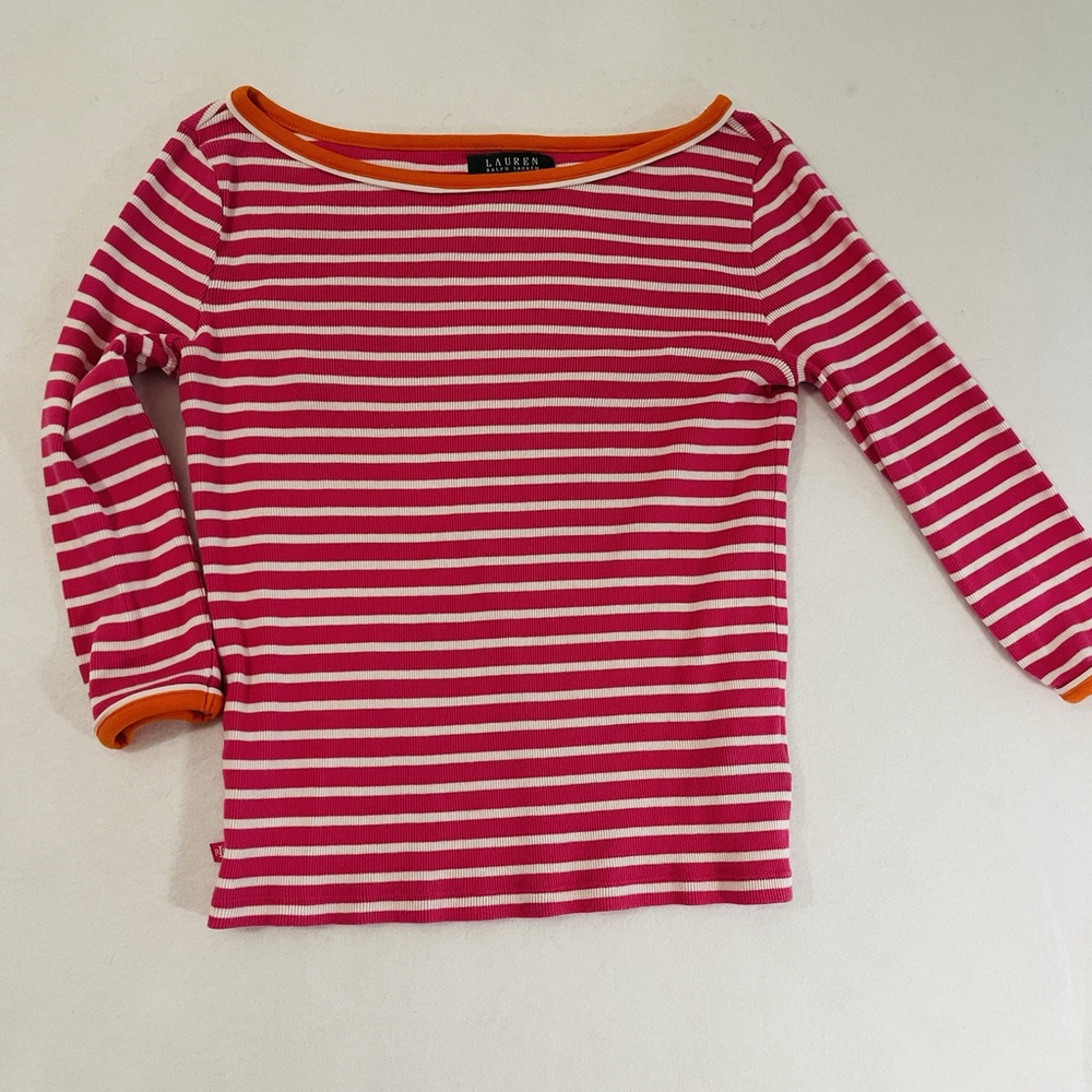 Lauren Ralph Lauren Top Pink Stripe/Orange Contrast Trim 3/4 Sleeve Boatneck S